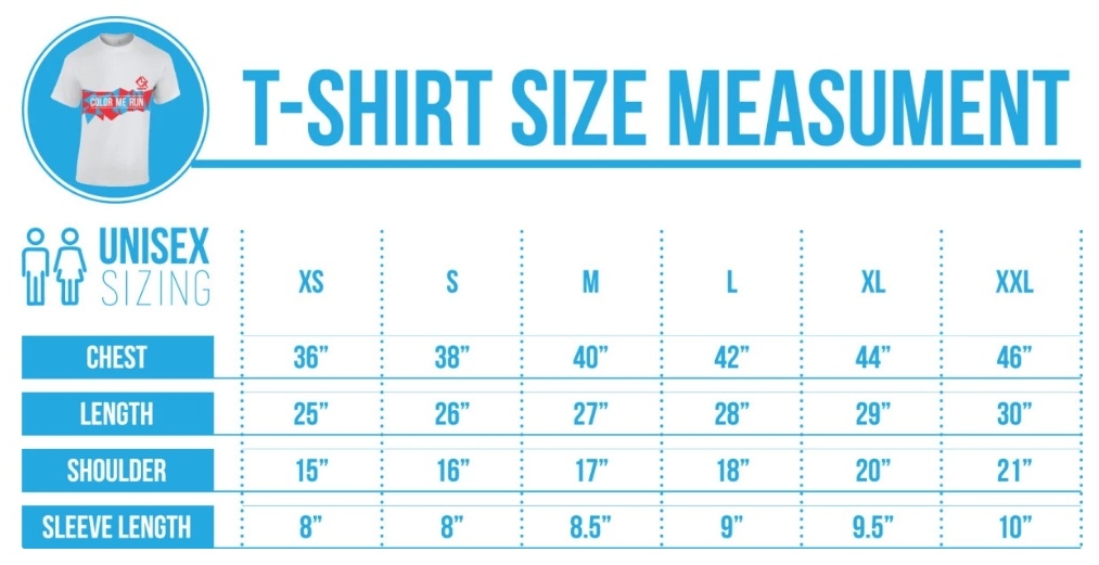 tshirt size measurement color me run 2.0